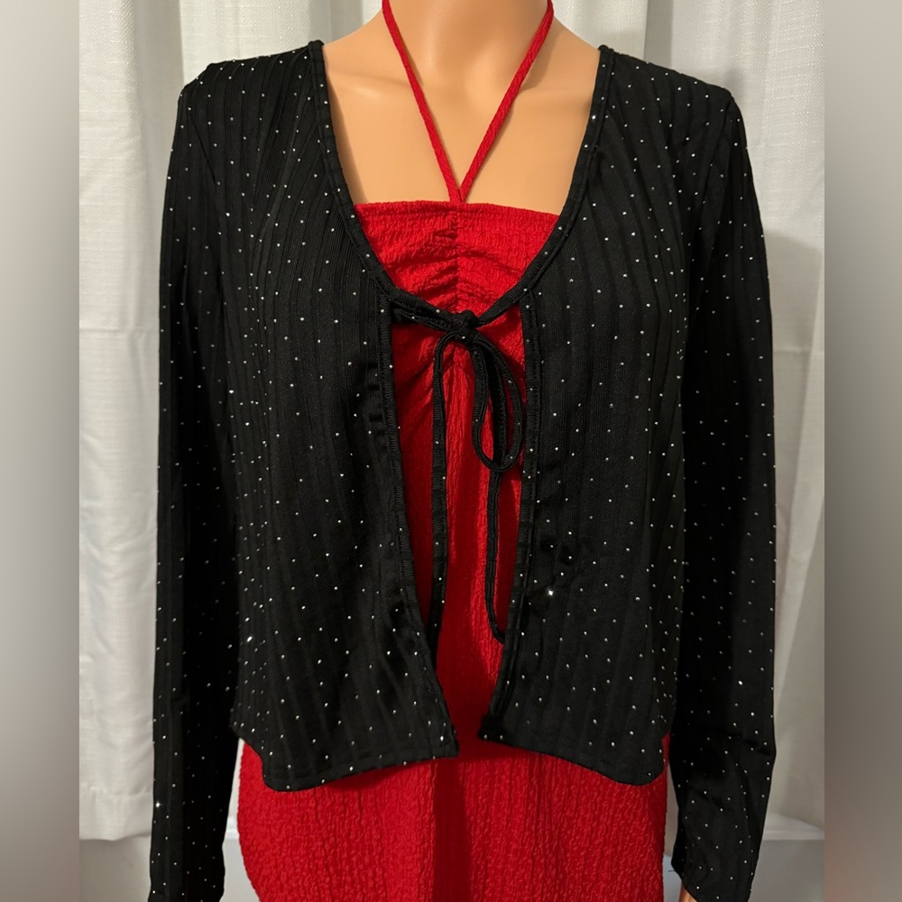 Pretty Ember size L black tie front silver studded long sleeve shrug shirt new
